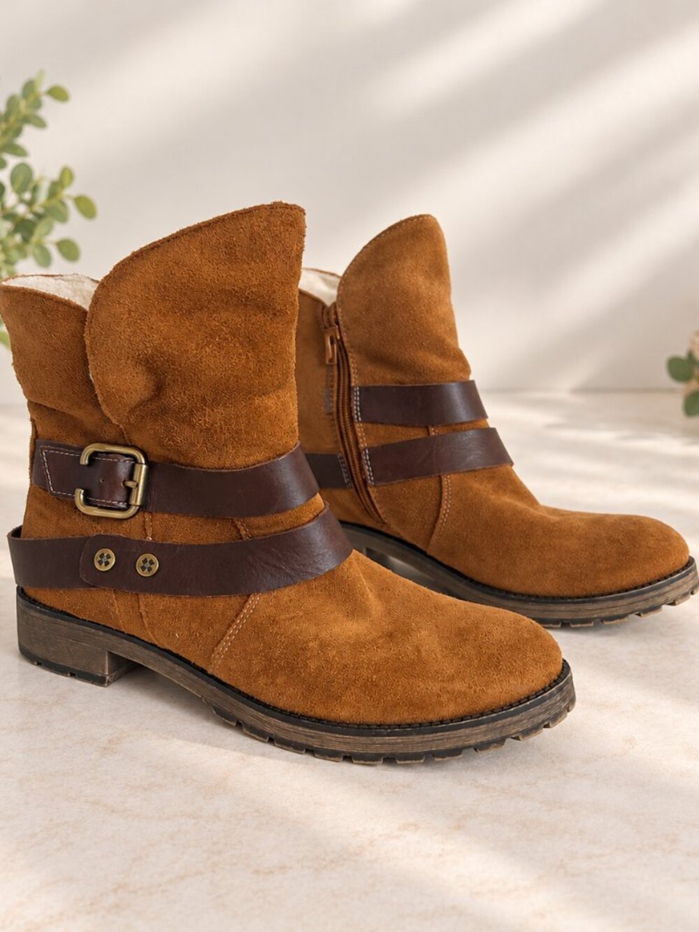 Naturalizer Women’s Brown Suede Moto Ankle Boots with Buckle Straps Size 8